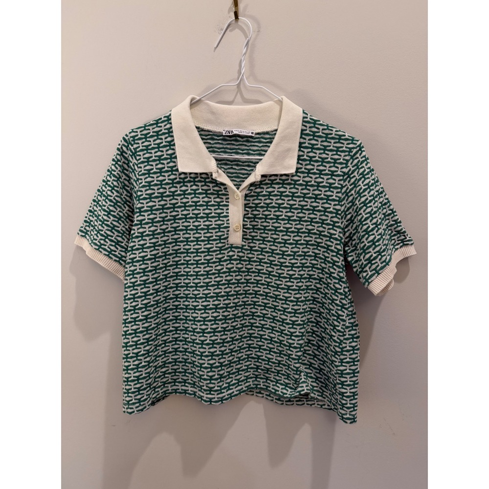 Zara Green Cream Geometric Knit Polo Shirt Short Sleeve Cropped Top Medium